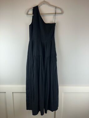 Me+Em Black Cheesecloth Shirred Smocked One Shoulder LBD Date Night Dress 8
